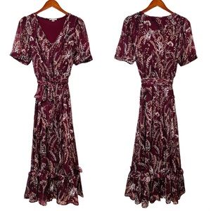 Calvin Klein Short Sleeve V Neck Burgundy Floral Maxi Dress w/tie waist size 8